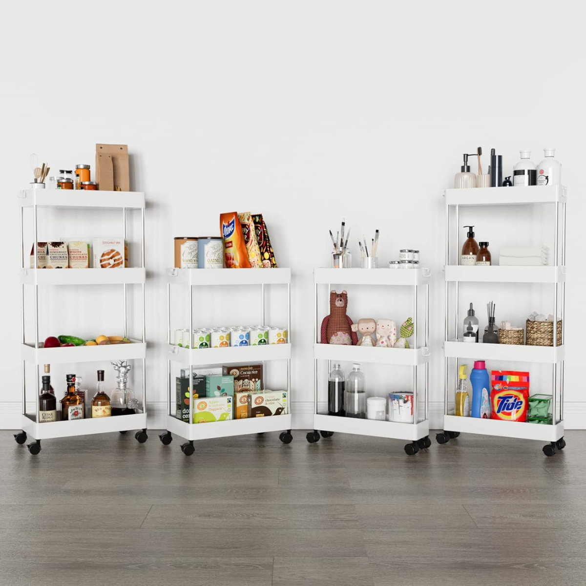 Raft Depozitare Mobil pentru Bucatarie/Baie, Modular pe 4 Niveluri, 4 Roti, 3 Carlige detasabile, pentru Organizarea Spatiilor Inguste, 40x13x87 cm