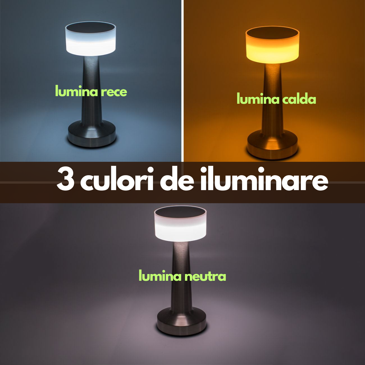 Lampa LED metalica cu baterie reincarcabila, fara fir, Control Touch, Argintiu