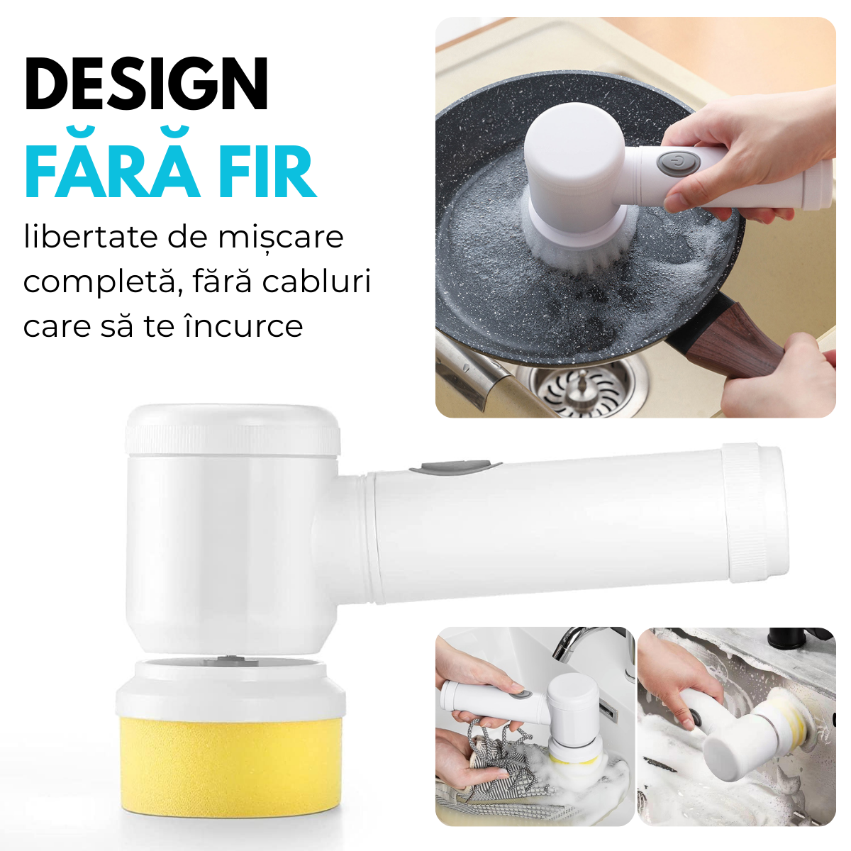 Perie Electrica Rotativa pentru curatare fara efort, 3 Capete Detasabile, Suport de perete, Fara fir, Rezistenta la apa