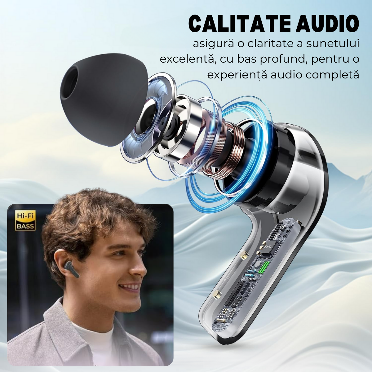Casti Wireless In Ear, Control Tactil, Bluetooth 5.3, Afisaj Digital LED, Anulare Zgomot, Carcasa magnetica, Rezistenta la umezeala si praf, Negru