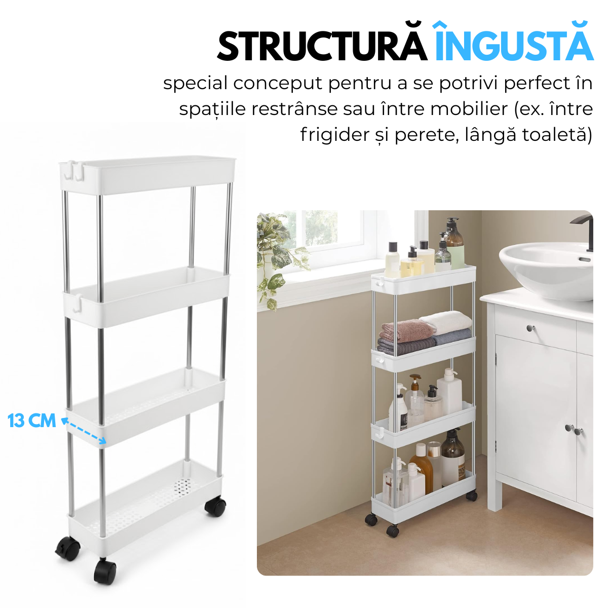 Raft Depozitare Mobil pentru Bucatarie/Baie, Modular pe 4 Niveluri, 4 Roti, 3 Carlige detasabile, pentru Organizarea Spatiilor Inguste, 40x13x87 cm