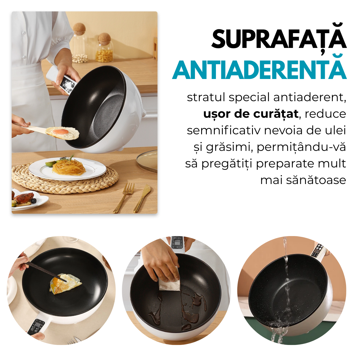 Tigaie Electrica Inteligenta, Multifunctionala, Capacitate 3L, Panou Control Digital, 1000W, Prajire, Fierbere, Sotare, Gatire la Aburi, Mentinerea Caldurii, Diametru 24 cm