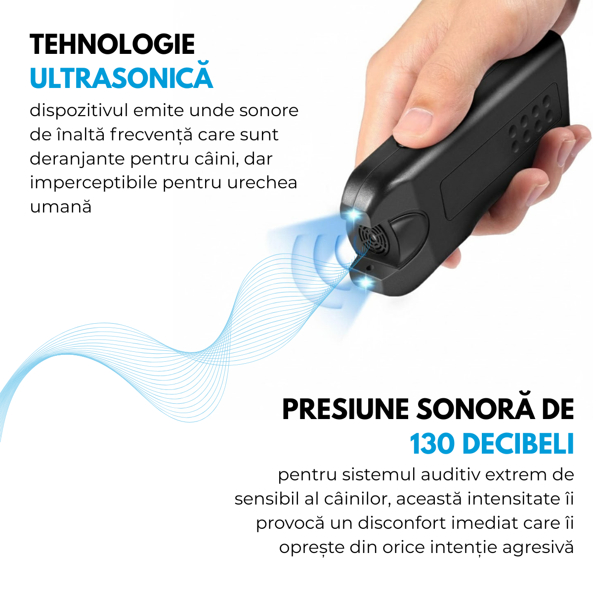 Aparat cu Ultrasunete impotriva cainilor agresivi, 3-in-1, Dresaj Anti-Latrat, Alungare Maidanezi, Lanterna LED, Raza Actiune 30m, Baterie inclusa