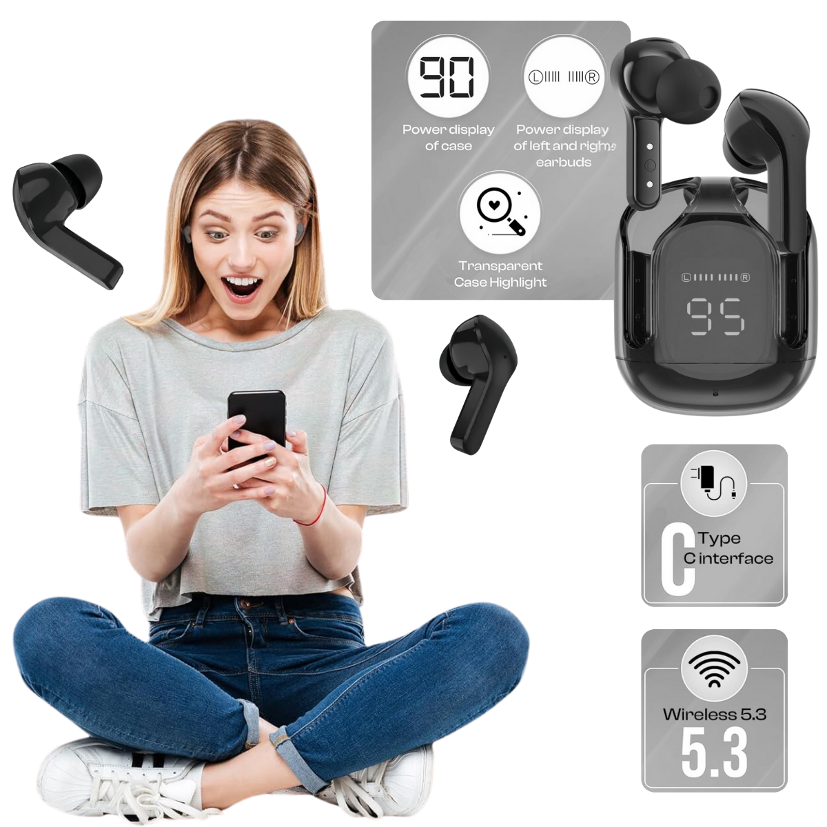 Casti Wireless In Ear, Control Tactil, Bluetooth 5.3, Afisaj Digital LED, Anulare Zgomot, Carcasa magnetica, Rezistenta la umezeala si praf, Negru