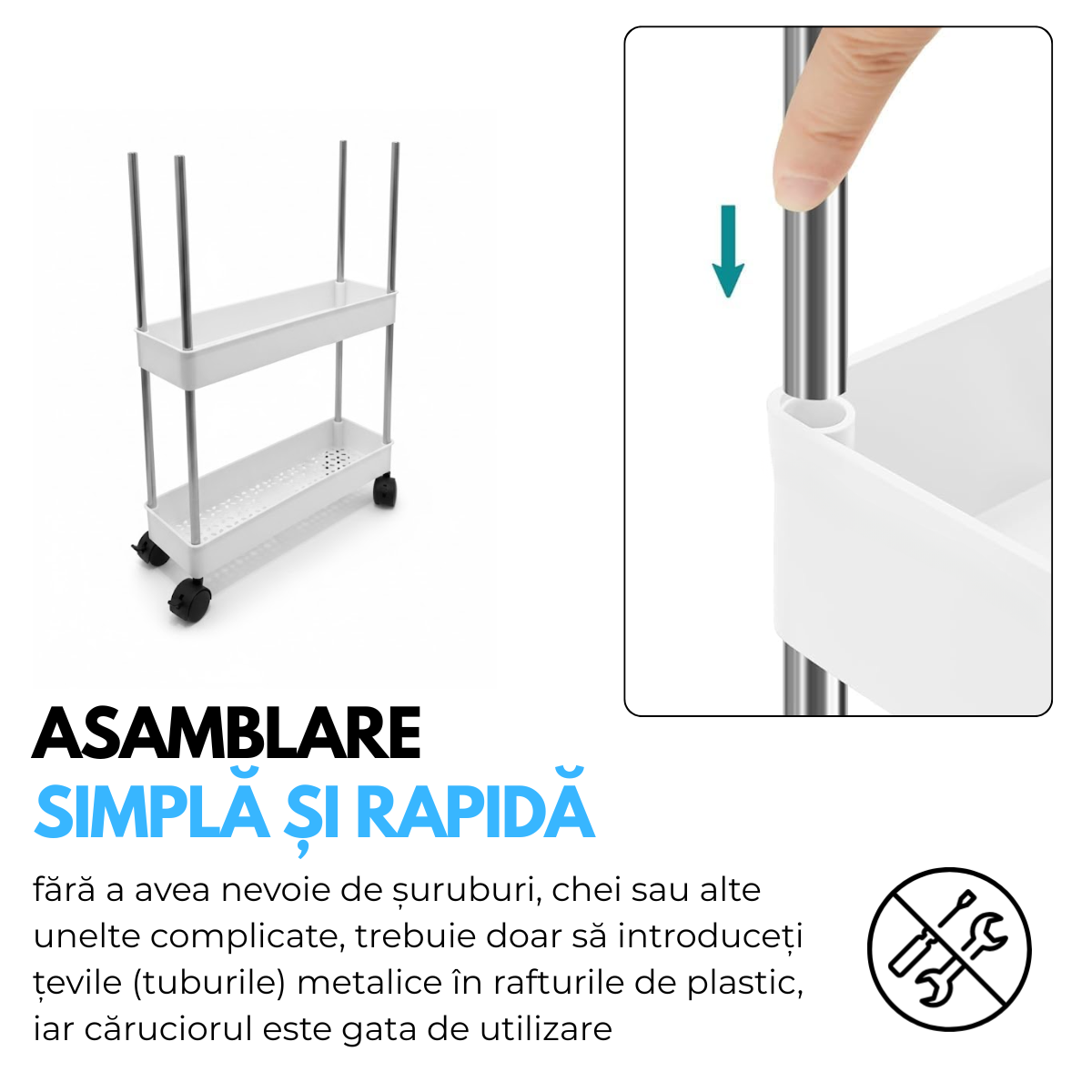 Raft Depozitare Mobil pentru Bucatarie/Baie, Modular pe 4 Niveluri, 4 Roti, 3 Carlige detasabile, pentru Organizarea Spatiilor Inguste, 40x13x87 cm