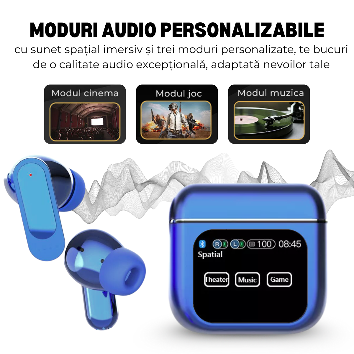 Casti Wireless In Ear, Carcasa cu Touch Screen, Bluetooth 5.4, Control Tactil, Anulare Zgomot ANC + ENC, Albastru