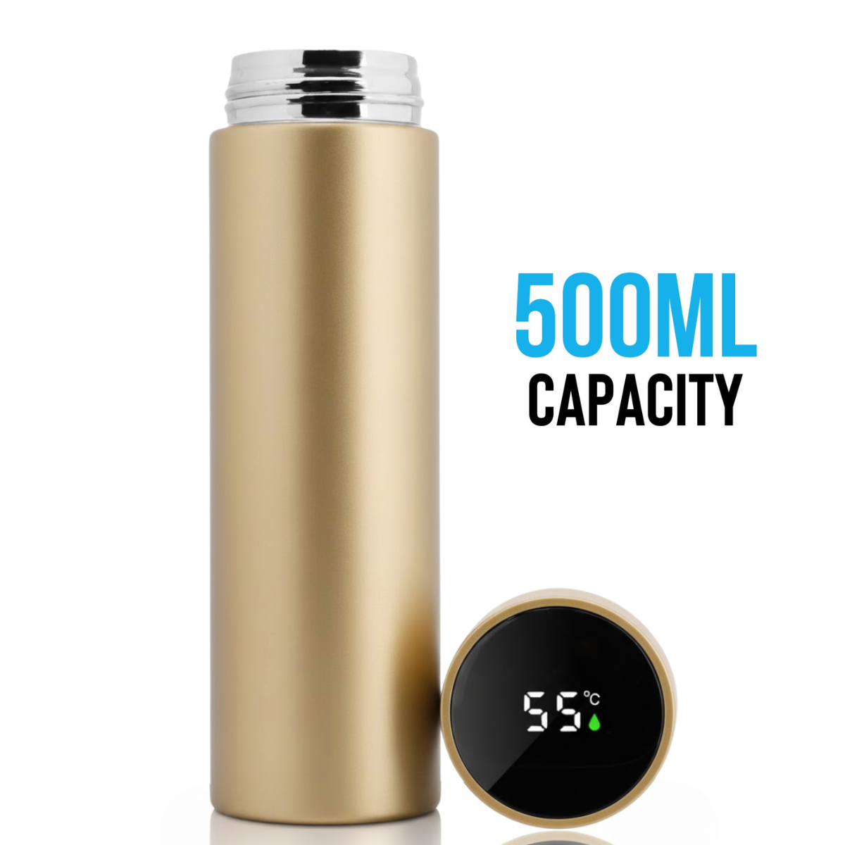 Termos Inteligent cu Afisaj LED Temperatura, Senzor Touchscreen, Infuzor de ceai, 500ml, Otel Inoxidabil, Auriu, easyCTRL®