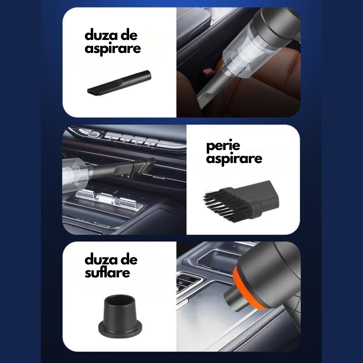 Aspirator portabil cu baterie reincarcabila, functie aspirare si suflare, USB C, 1200 mAh, 3 accesorii