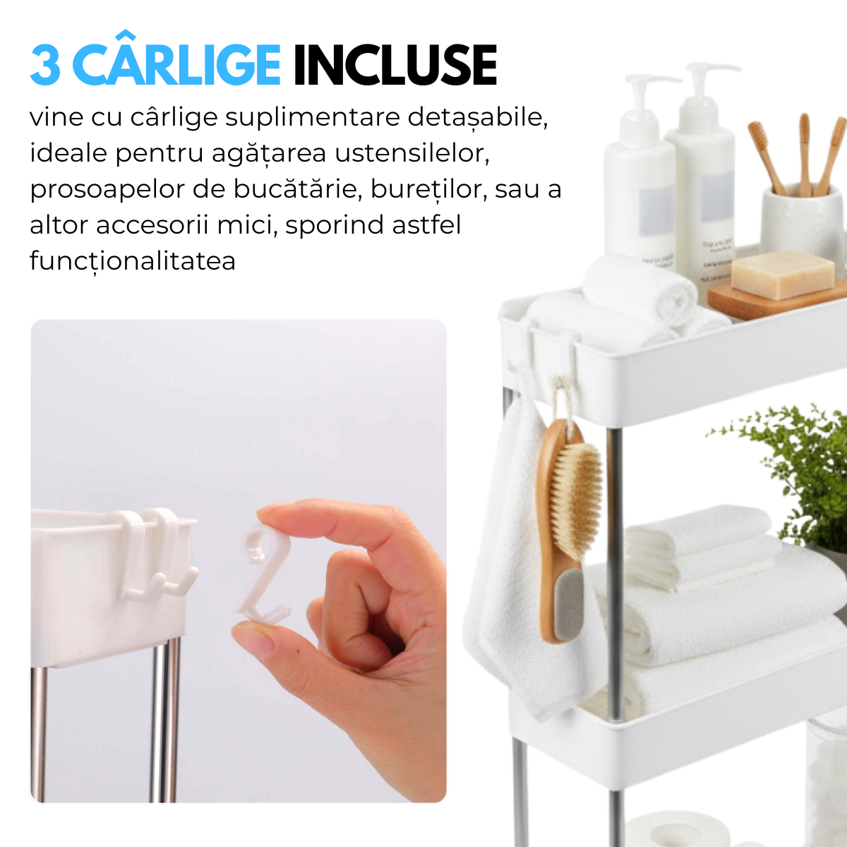 Raft Depozitare Mobil pentru Bucatarie/Baie, Modular pe 4 Niveluri, 4 Roti, 3 Carlige detasabile, pentru Organizarea Spatiilor Inguste, 40x13x87 cm