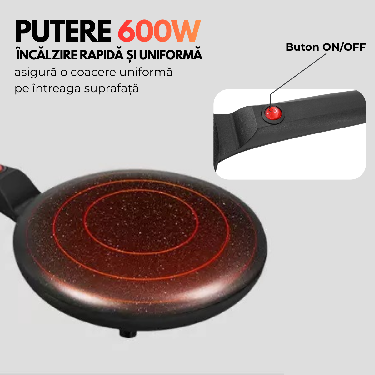 Tigaie Electrica pentru Clatite, Include Vas pentru Aluat si Mini Tel, 600W, Suprafata antiaderenta, Diametru 20cm