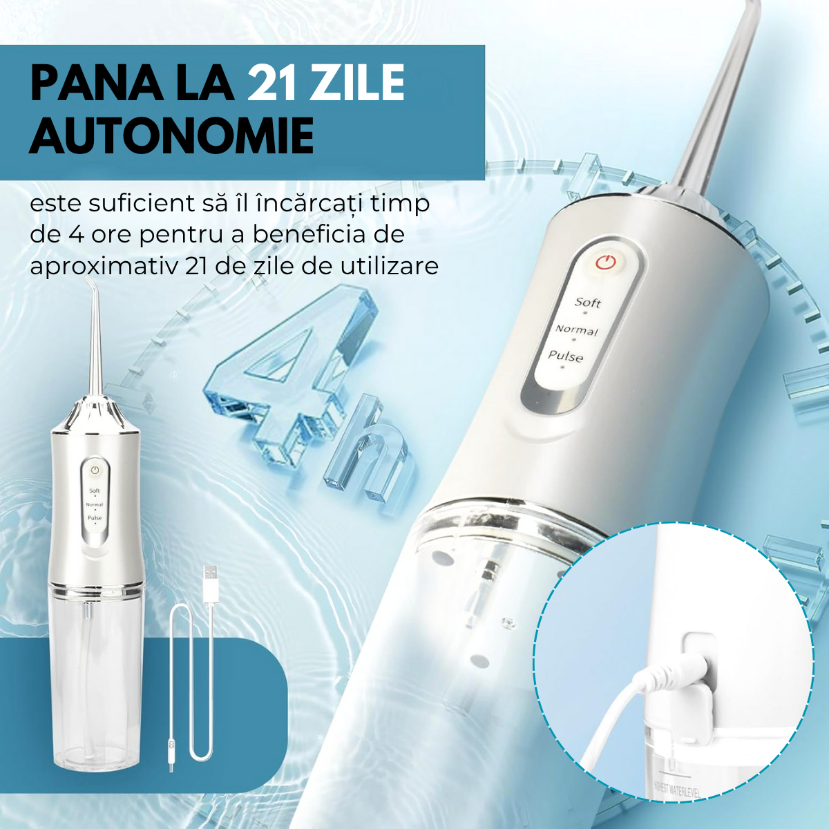 Irigator Bucal Profesional, Dus Bucal Portabil, 4 Capete, 3 Moduri de Curatare, Rezervor 230ml, Roz