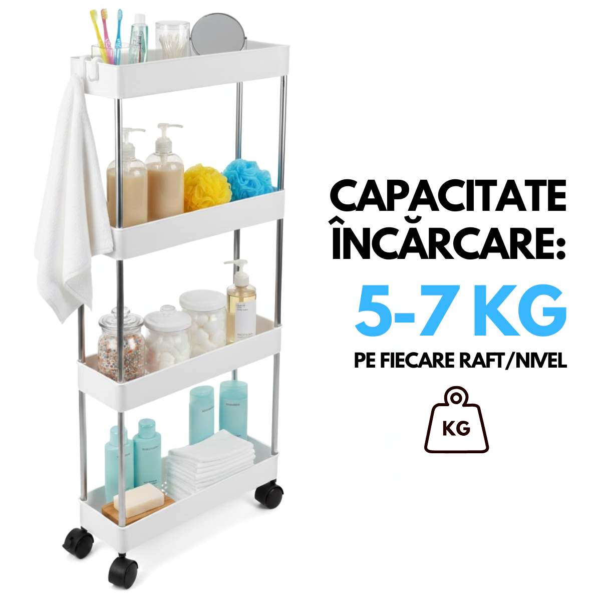 Raft Depozitare Mobil pentru Bucatarie/Baie, Modular pe 4 Niveluri, 4 Roti, 3 Carlige detasabile, pentru Organizarea Spatiilor Inguste, 40x13x87 cm