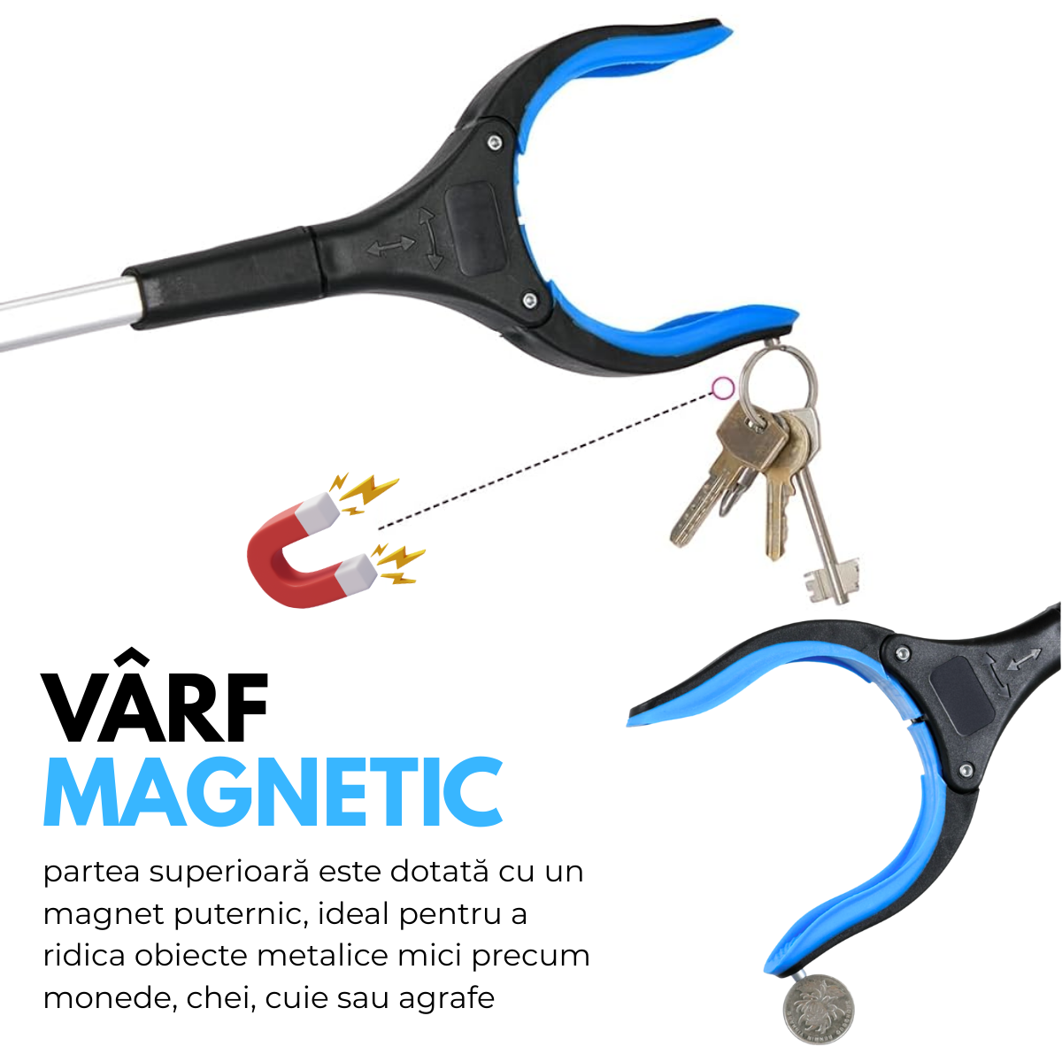 Cleste de Ridicare si Prindere Obiecte la distanta, Pliabil, Magnetic, 81 cm, Cap Rotativ 360°, Tija Aluminiu