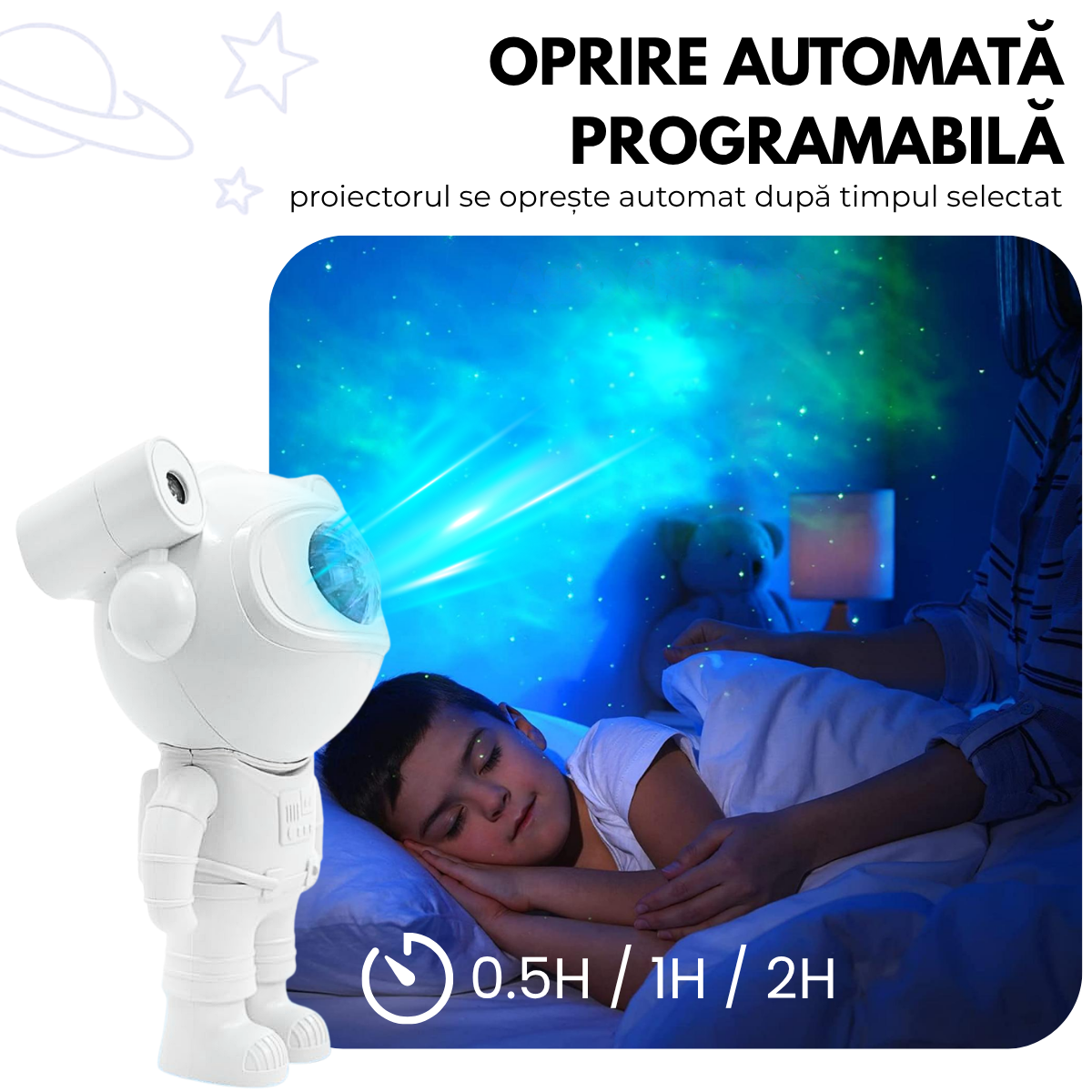 Proiector Galaxie Astronaut, Boxa Bluetooth, Lampa de veghe, Suport Magnetic Reglabil 360°, Brate Mobile, Alb