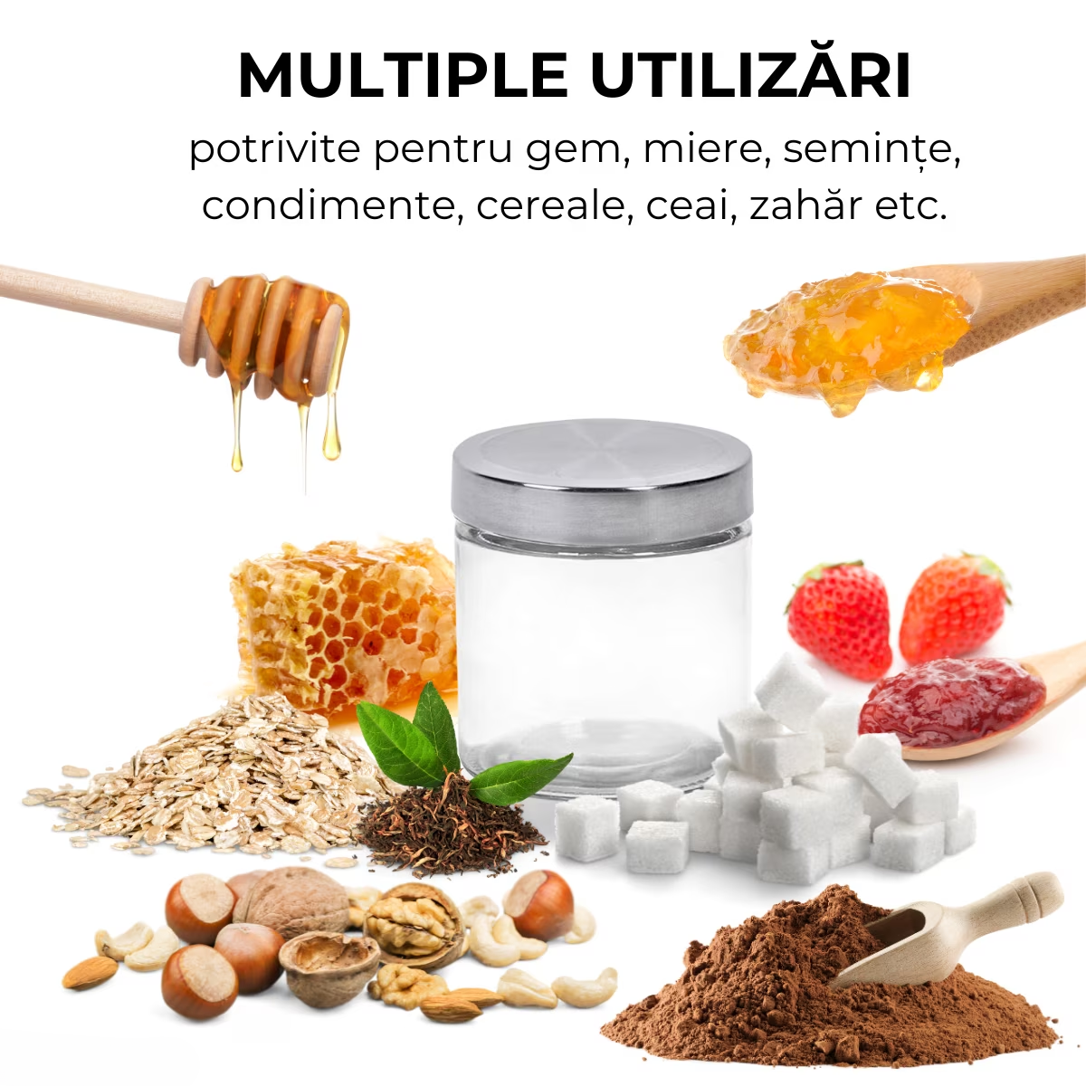 Set 5 borcane depozitare alimente din sticla, capac metalic cu inchidere ermetica, 300 ml