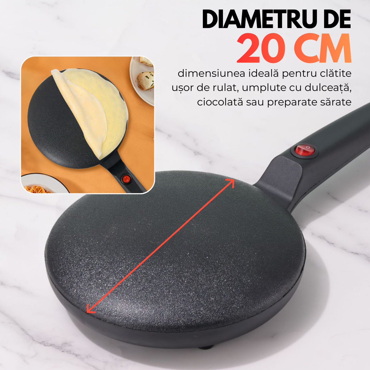 Tigaie Electrica pentru Clatite, Include Vas pentru Aluat si Mini Tel, 600W, Suprafata antiaderenta, Diametru 20cm