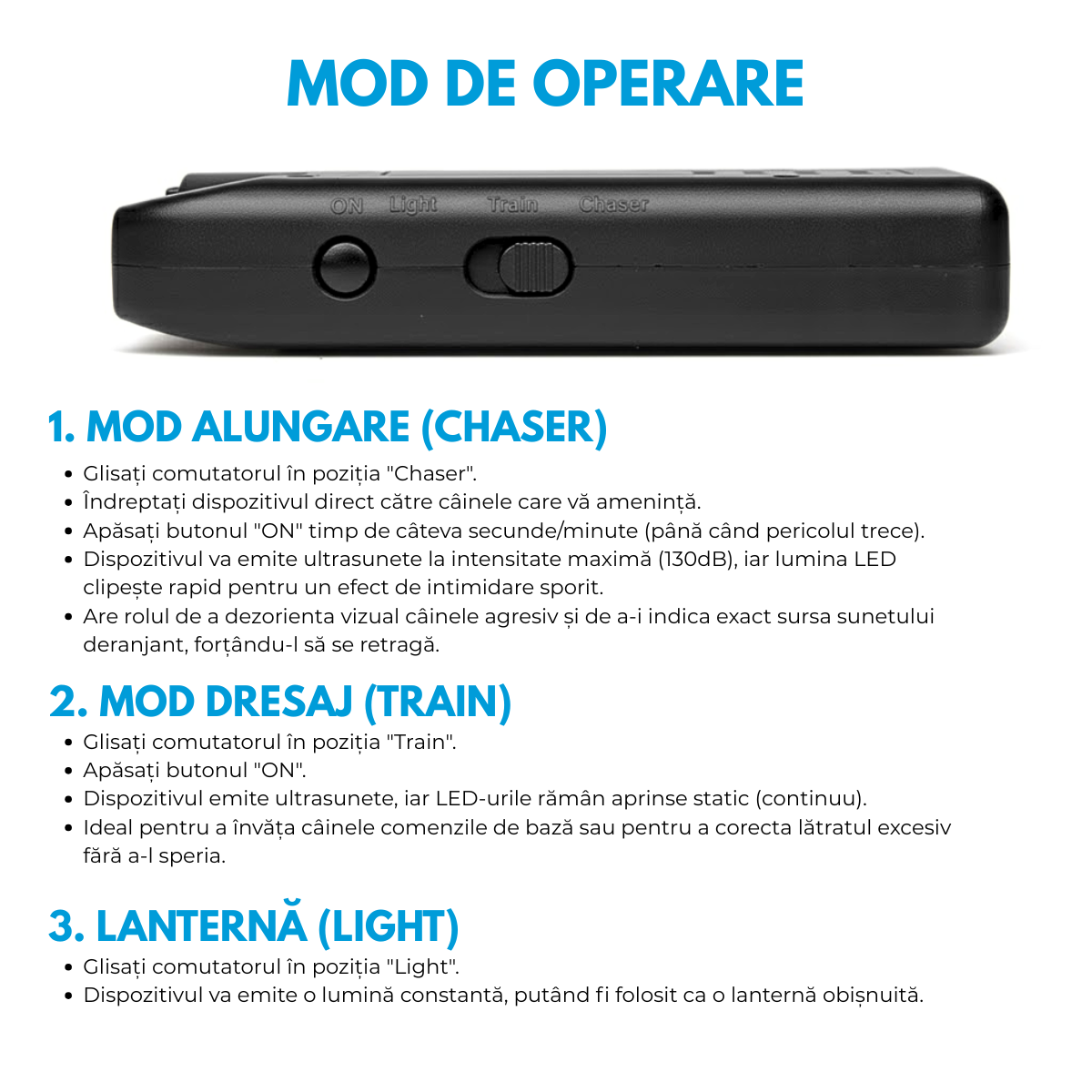 Aparat cu Ultrasunete impotriva cainilor agresivi, 3-in-1, Dresaj Anti-Latrat, Alungare Maidanezi, Lanterna LED, Raza Actiune 30m, Baterie inclusa