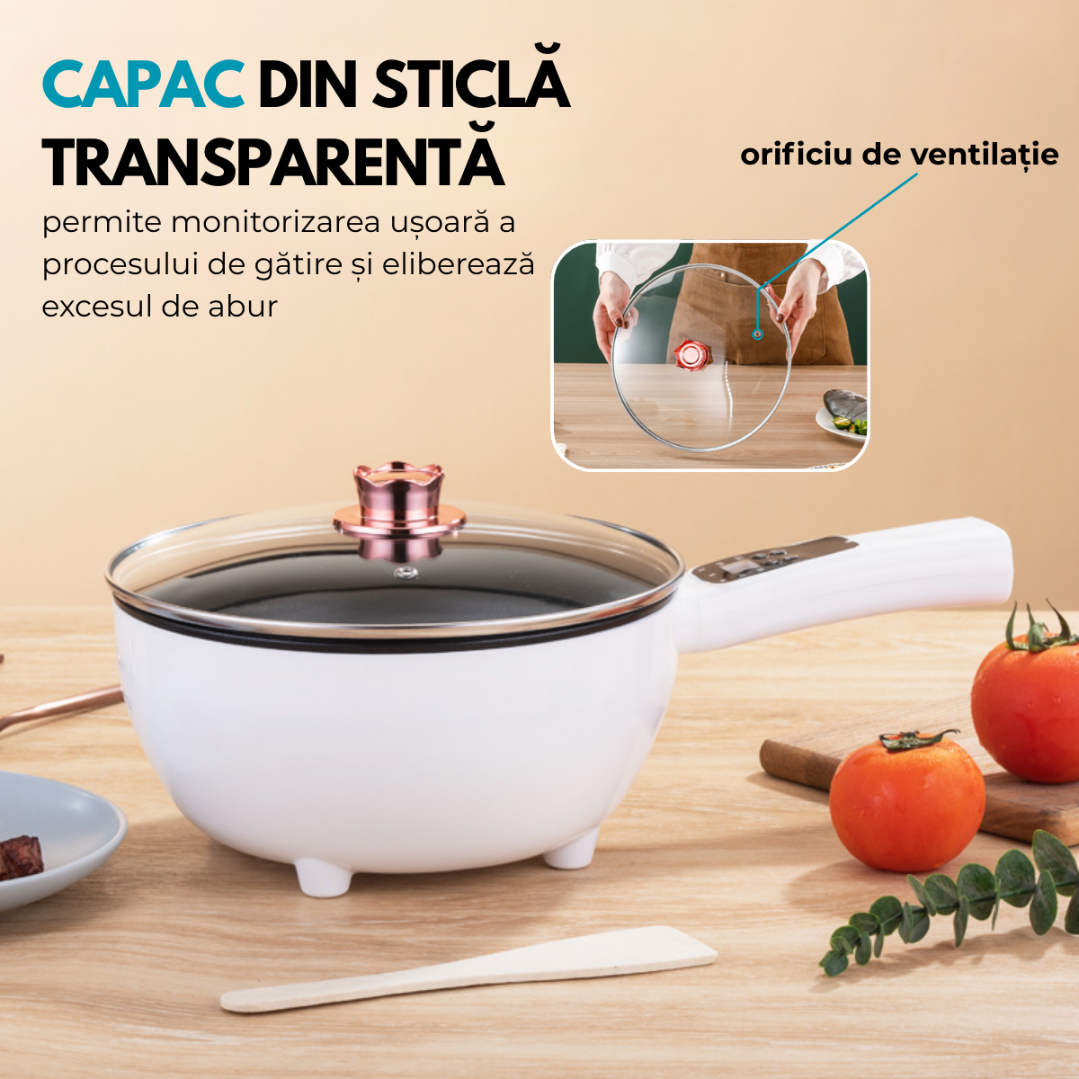 Tigaie Electrica Inteligenta, Multifunctionala, Capacitate 3L, Panou Control Digital, 1000W, Prajire, Fierbere, Sotare, Gatire la Aburi, Mentinerea Caldurii, Diametru 24 cm