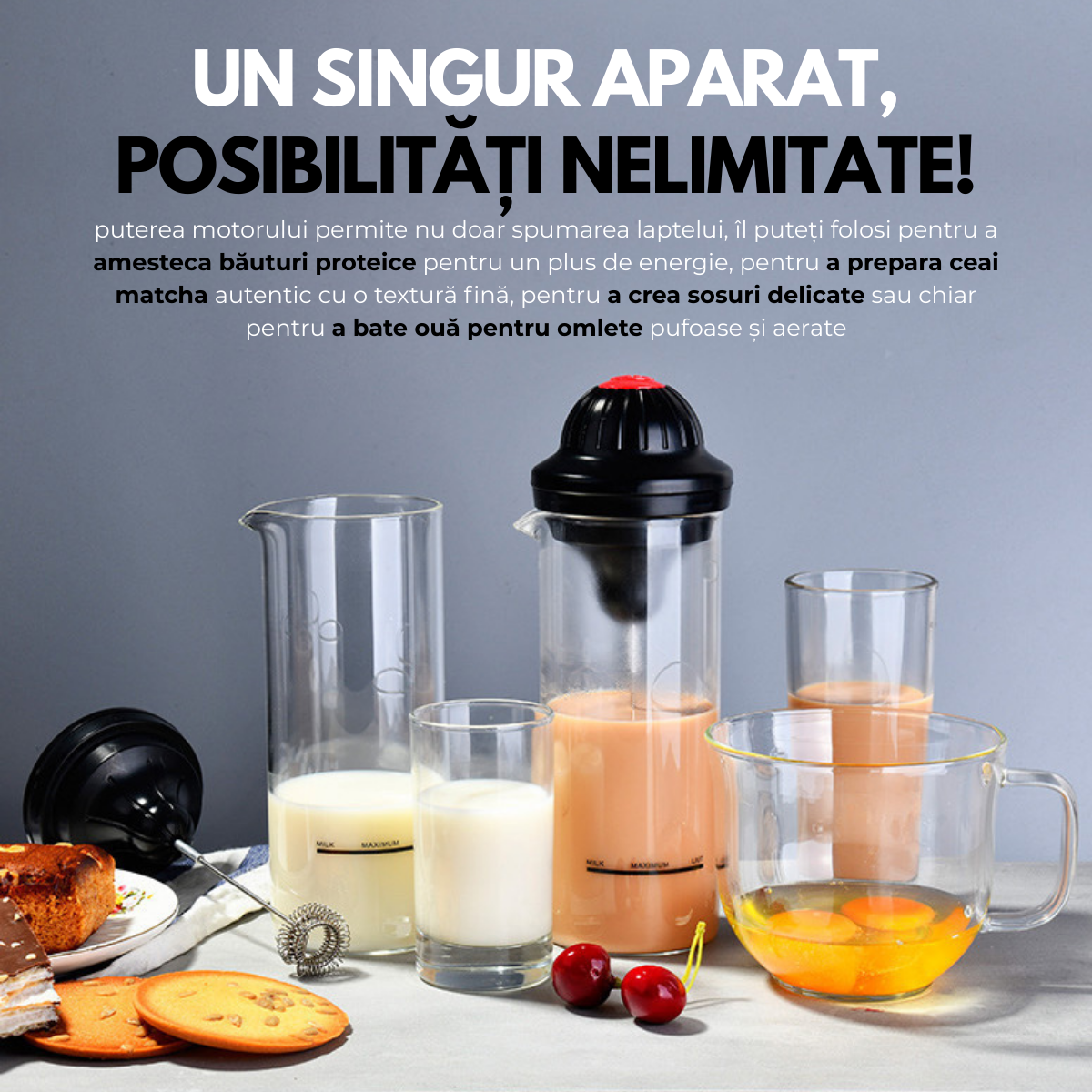 Aparat electric spumare lapte, Portabil, Sticla borosilicata, 450 ml, Alimentare cu baterii