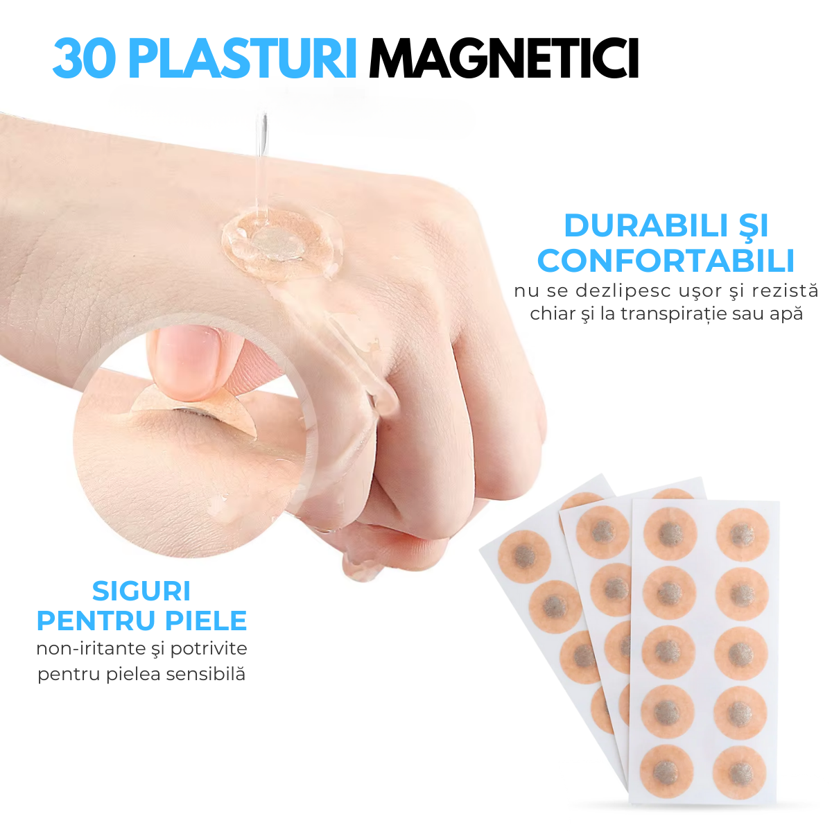 Set Benzi Nazale Magnetice, pentru Imbunatatirea Respiratiei, Somnului, Reducerea Sforaitului, 4 Marimi Diferite, 30 Plasturi, Aplicator