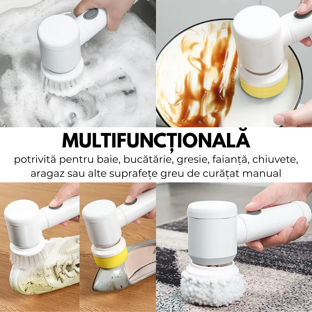 Perie Electrica Rotativa pentru curatare fara efort, 3 Capete Detasabile, Suport de perete, Fara fir, Rezistenta la apa