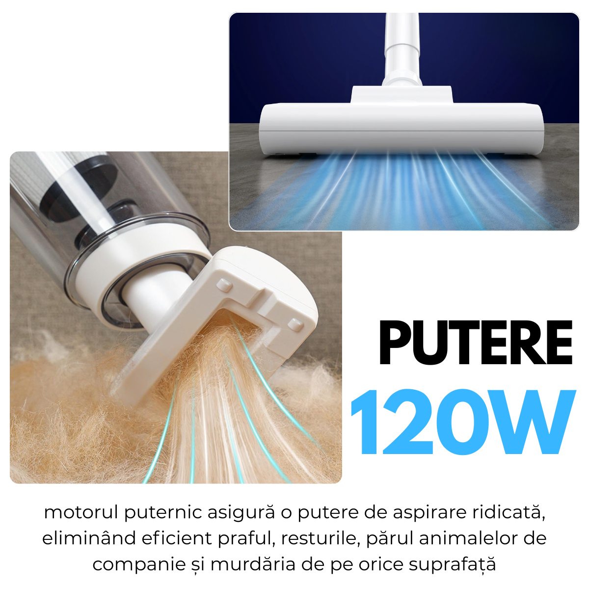 Aspirator fara fir 2-in-1, Vertical si de Mana, Acumulator 2000mAh, pentru Casa, Masina, Birou, 120W, Filtru HEPA, Accesorii Multifunctionale