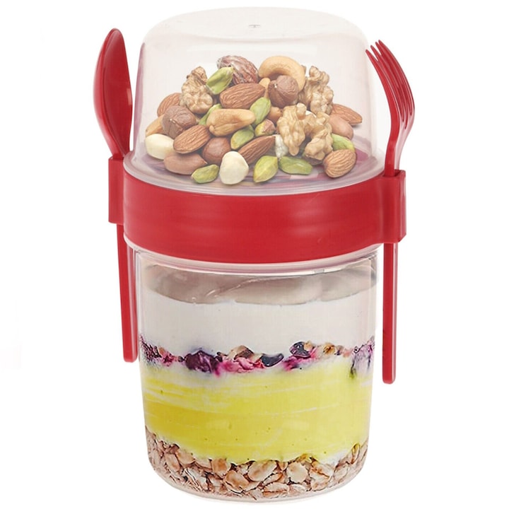 Recipient din plastic cu tacamuri, Fara BPA, Pentru iaurt, inghetata, salate, cereale, 1100 ml, Rosu