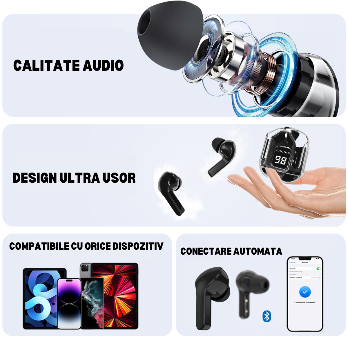 Casti Wireless In Ear, Control Tactil, Bluetooth 5.3, Afisaj Digital LED, Anulare Zgomot, Carcasa magnetica, Rezistenta la umezeala si praf, Negru