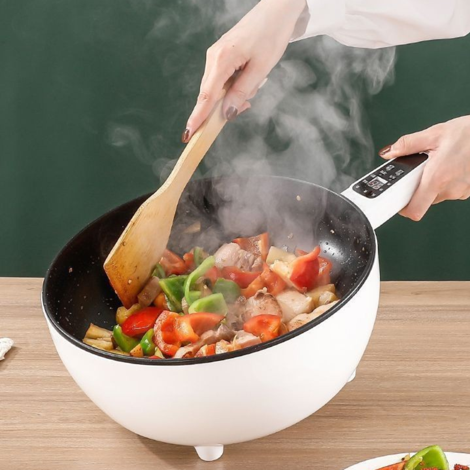 Tigaie Electrica Inteligenta, Multifunctionala, Capacitate 3L, Panou Control Digital, 1000W, Prajire, Fierbere, Sotare, Gatire la Aburi, Mentinerea Caldurii, Diametru 24 cm