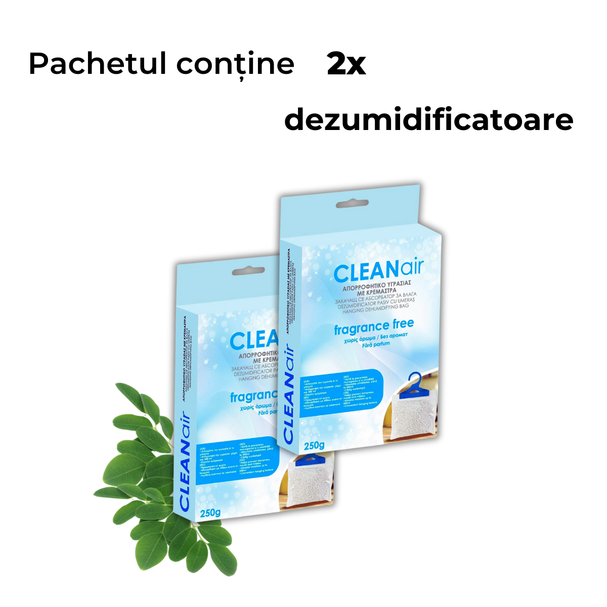 Set 2 dezumidificatoare pasiv cu umeras, Fara miros, Absorbant umiditate, 250g
