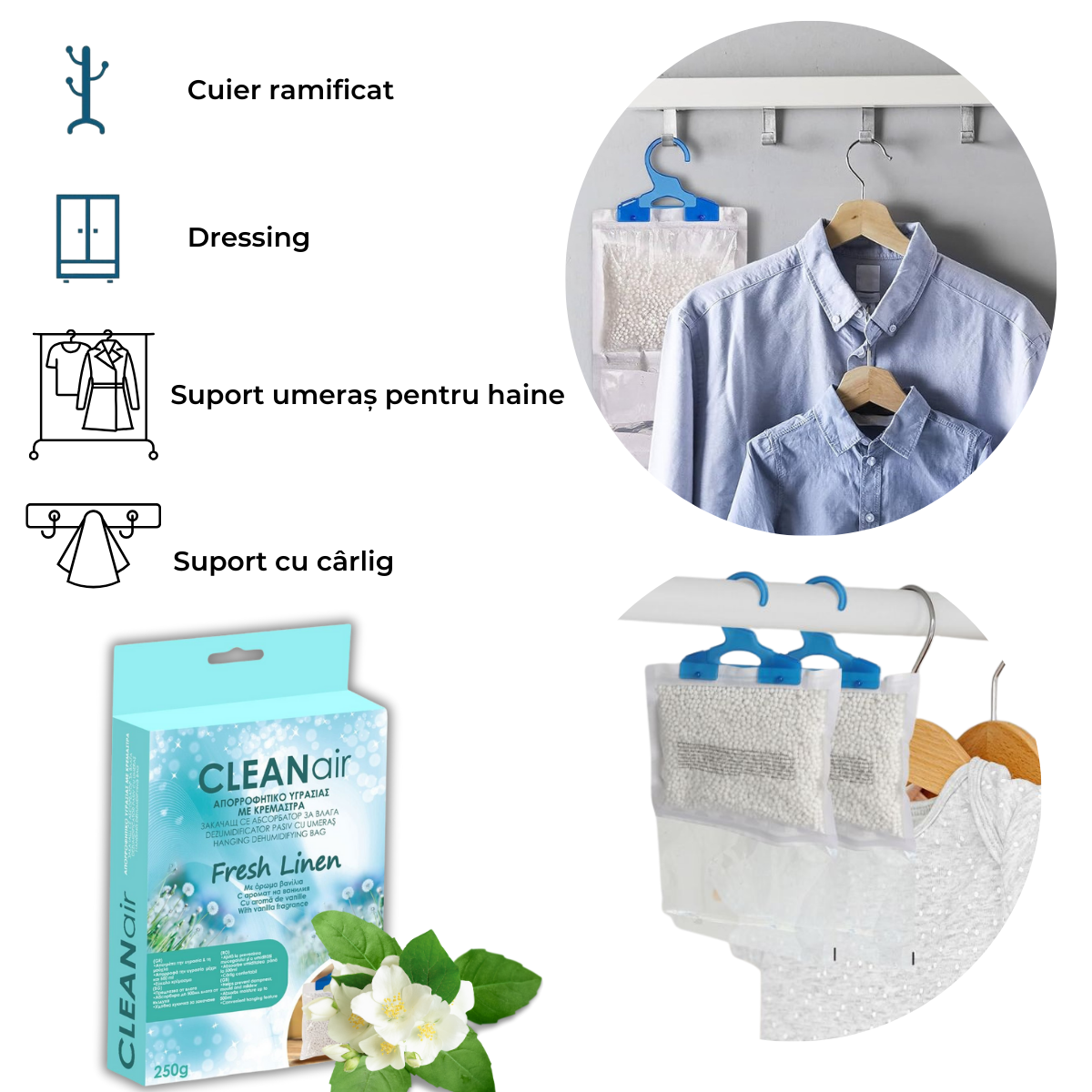 Set 2 dezumidificatoare pasiv cu umeras, Parfum Flori Proaspete, Absorbant umiditate, 250g