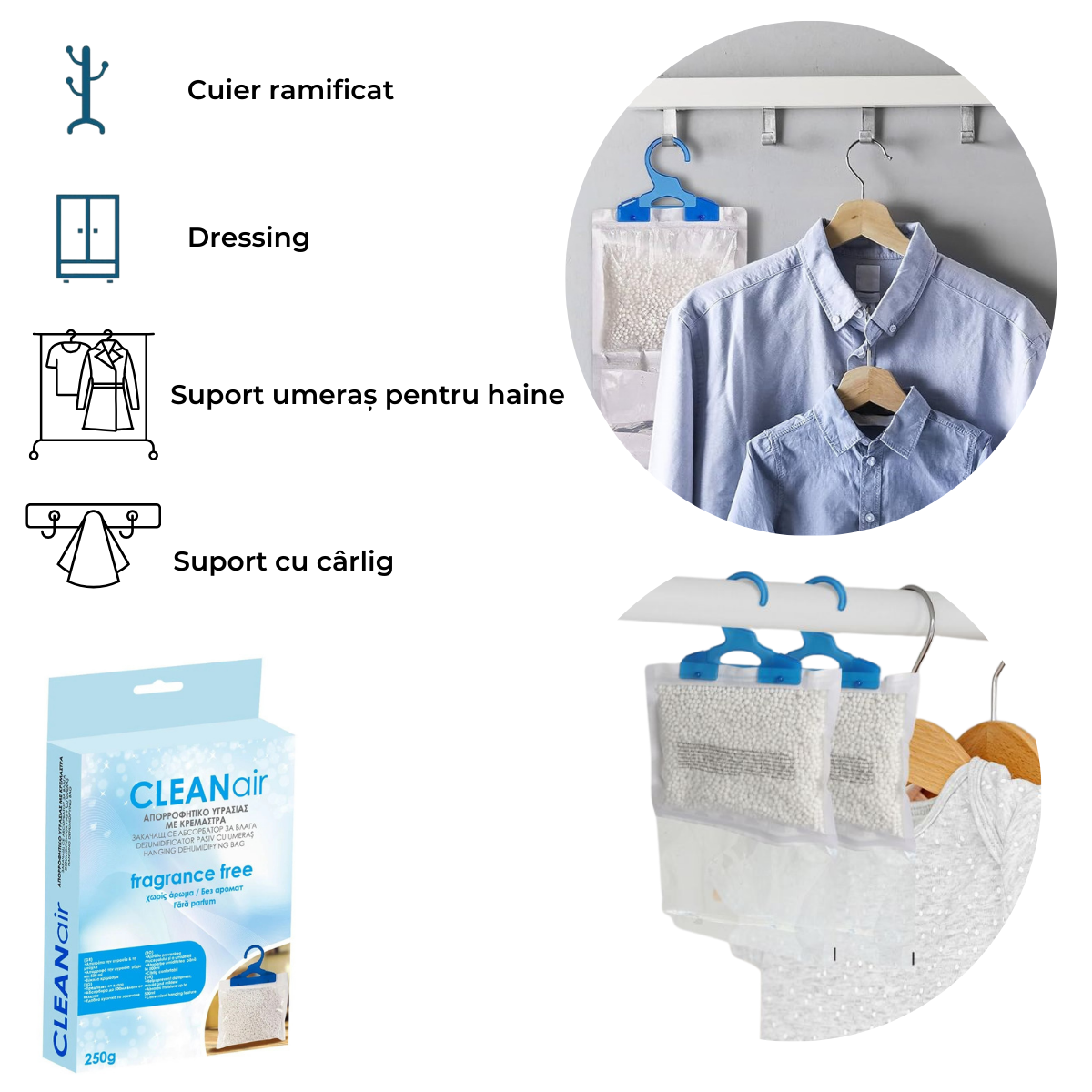Set 2 dezumidificatoare pasiv cu umeras, Fara miros, Absorbant umiditate, 250g