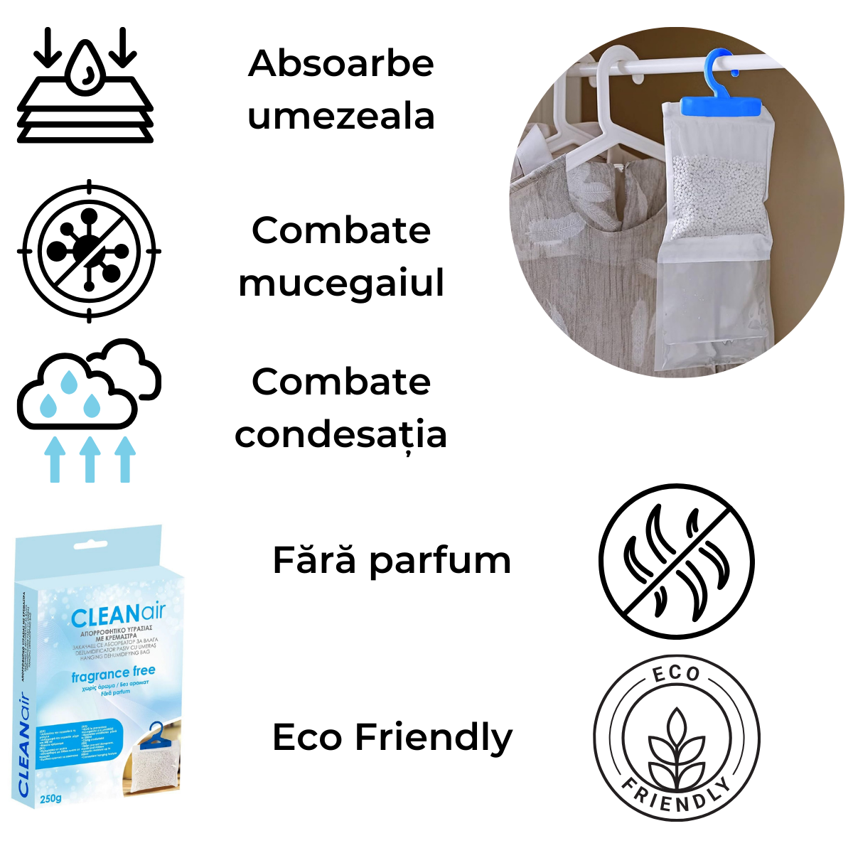 Set 2 dezumidificatoare pasiv cu umeras, Fara miros, Absorbant umiditate, 250g