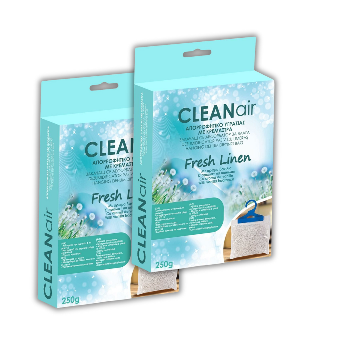 Set 2 dezumidificatoare pasiv cu umeras, Parfum Flori Proaspete, Absorbant umiditate, 250g
