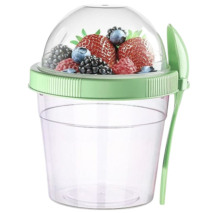 Recipient din plastic cu tacamuri, Fara BPA, Pentru iaurt, inghetata, salate, cereale, 500 ml, Verde Pastel