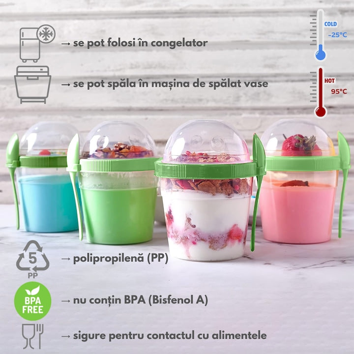 Recipient din plastic cu tacamuri, Fara BPA, Pentru iaurt, inghetata, salate, cereale, 500 ml, Verde Pastel