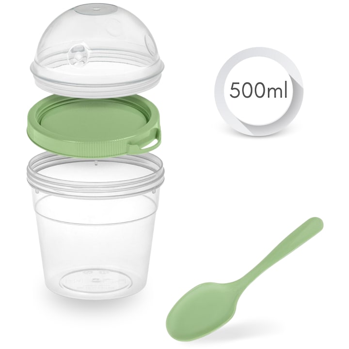 Recipient din plastic cu tacamuri, Fara BPA, Pentru iaurt, inghetata, salate, cereale, 500 ml, Verde Pastel