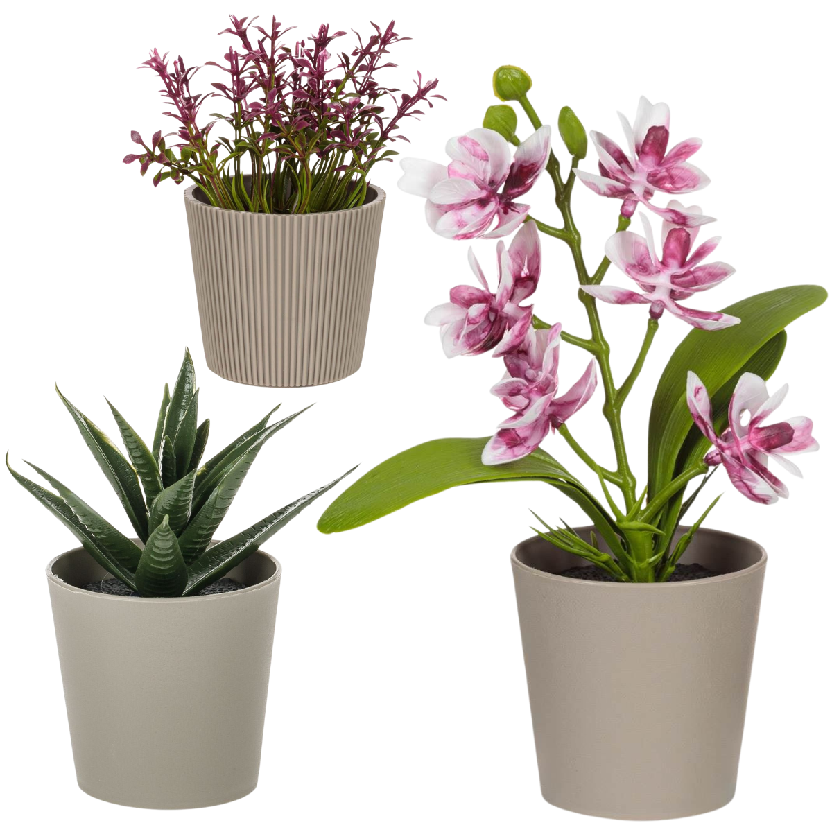 Set 3 ghivece de flori artificiale, Din plastic, Aspect natural, Marimi diferite