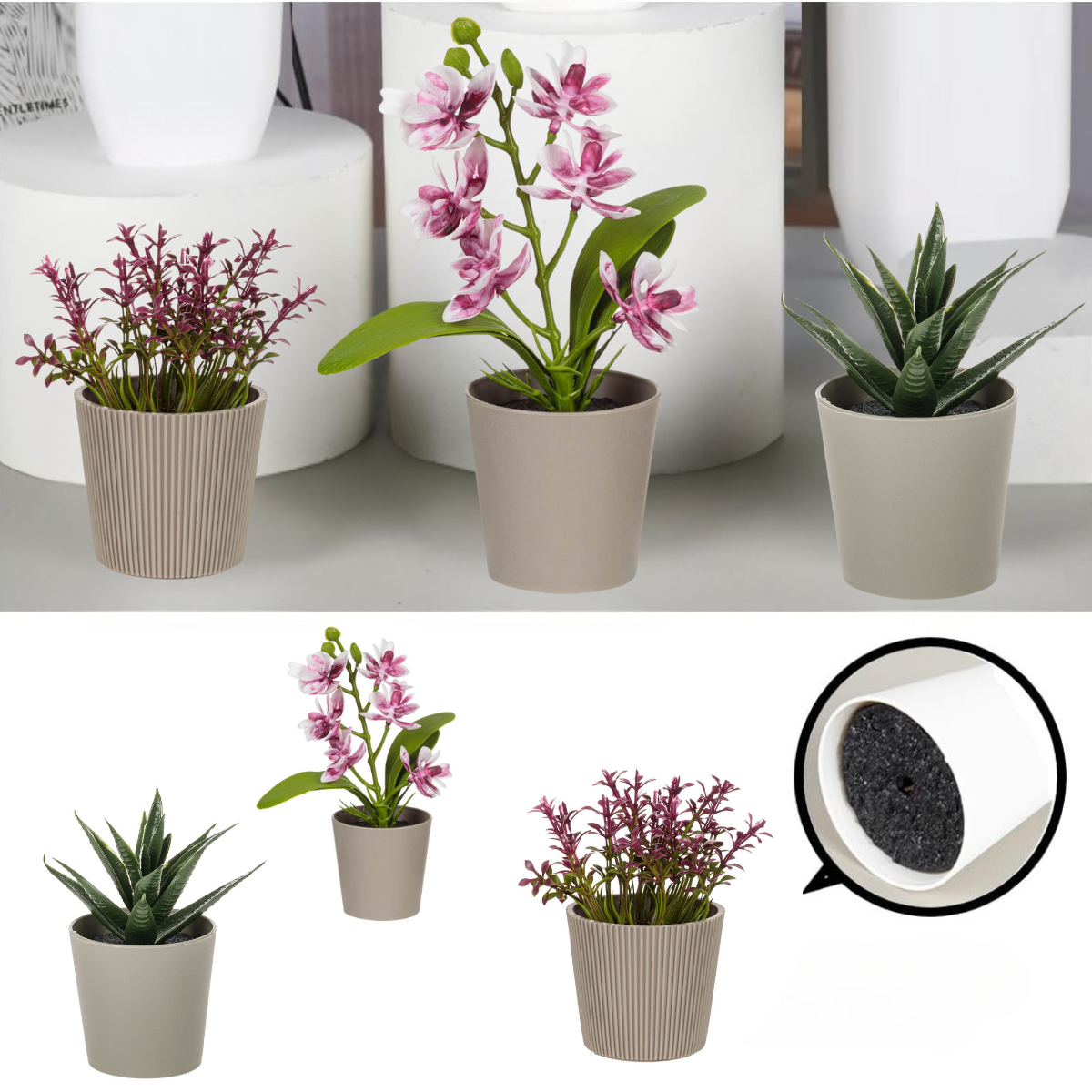 Set 3 ghivece de flori artificiale, Din plastic, Aspect natural, Marimi diferite