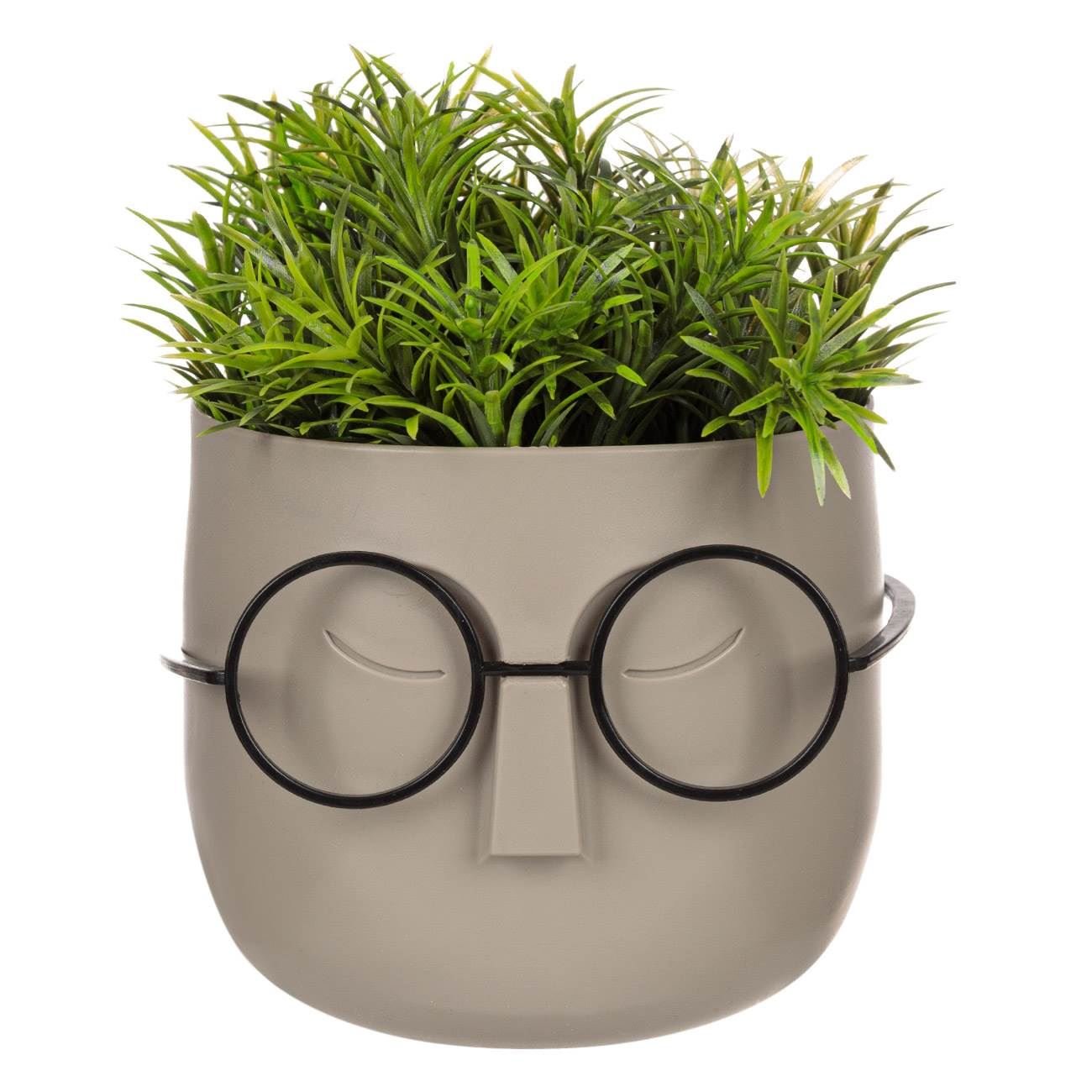 Planta decorativa in ghiveci cu ochelari, Gri deschis, Cu ochelari aurii, Potrivit pentru orice decor, 11x11x15