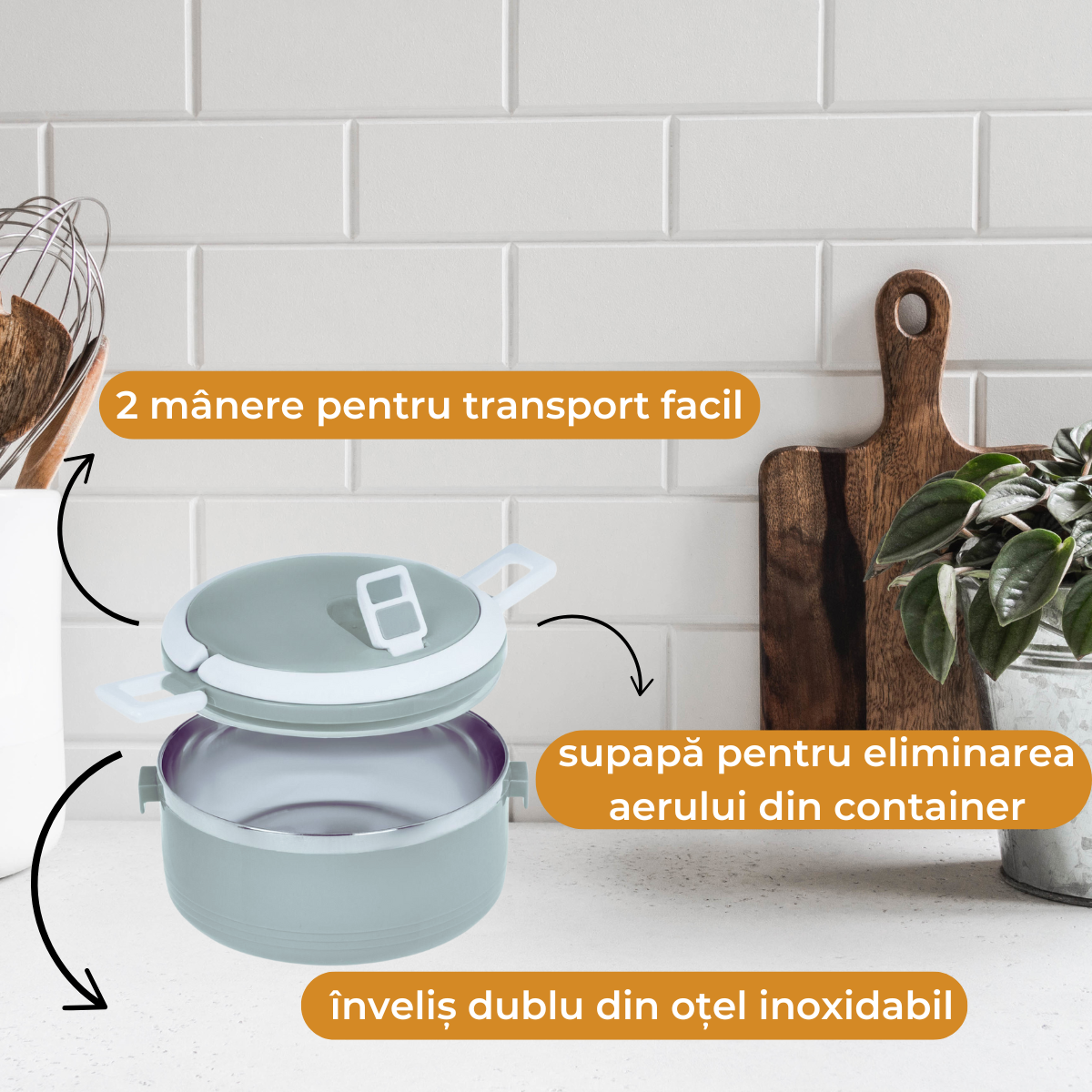 Caserola termica pentru alimente, pereti interiori dubli din otel inoxidabil, Cu 2 manere pentru transport facil, Gri Deschis