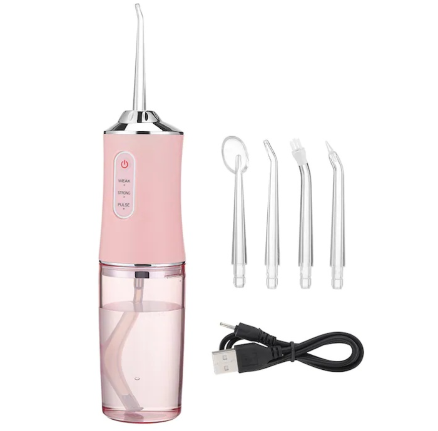 Irigator Bucal Profesional, Dus Bucal Portabil, 4 Capete, 3 Moduri de Curatare, Rezervor 230ml, Roz