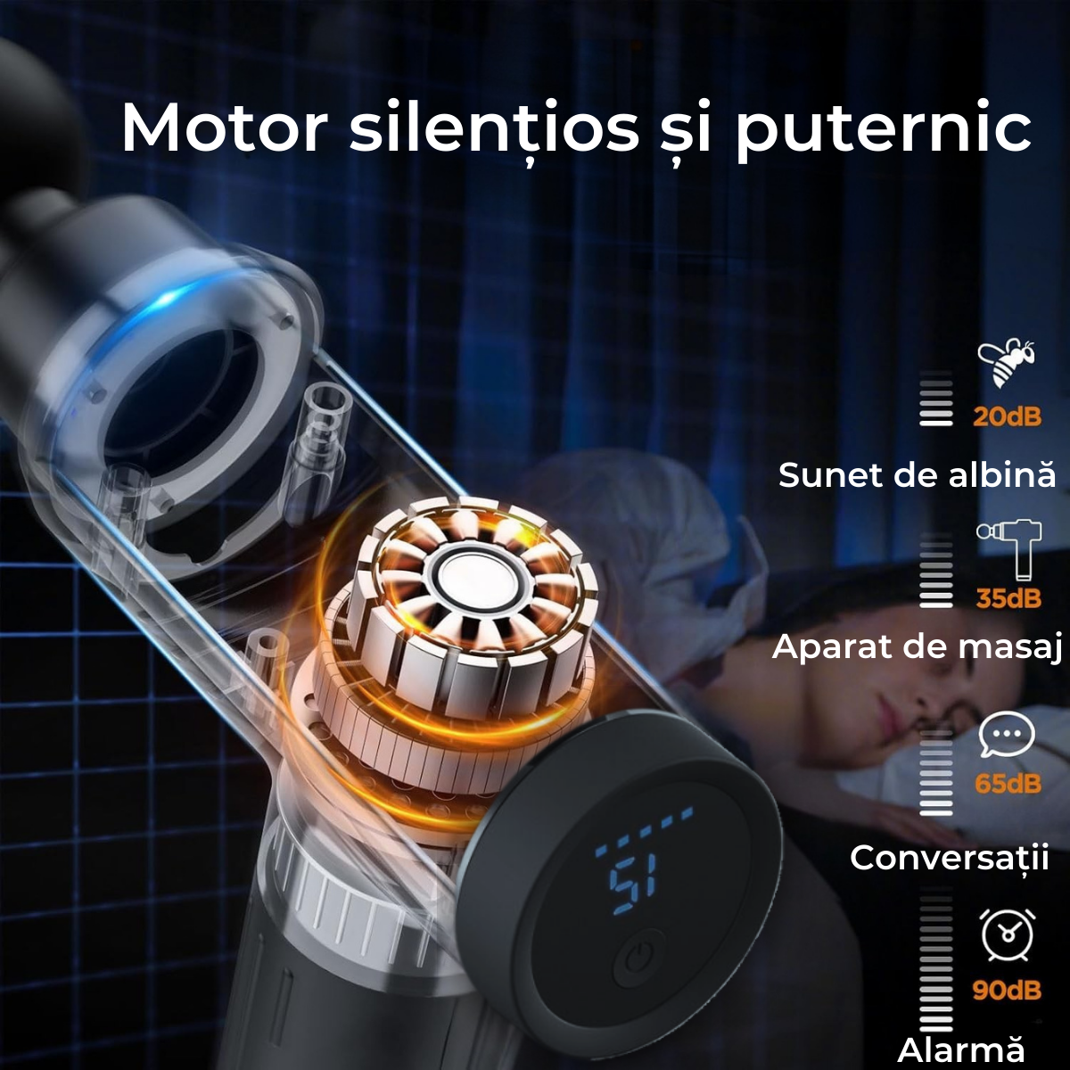 Aparat pentru masaj profesional, Tip pistol, 12 viteze, 3200rpm, Incarcare USB, 5 capete interschimbabile