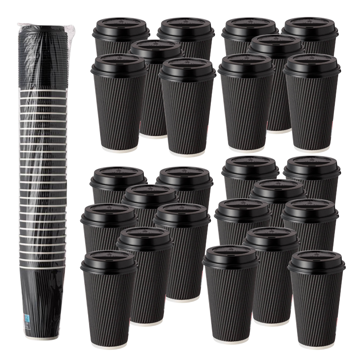 Set 25 pahare din carton cu capac, Carton Ripple intarit, 480ml, Reutilizabile, Pentru cafea, ceai, sucuri, Foarte rezistente,13.5cm x 9cm
