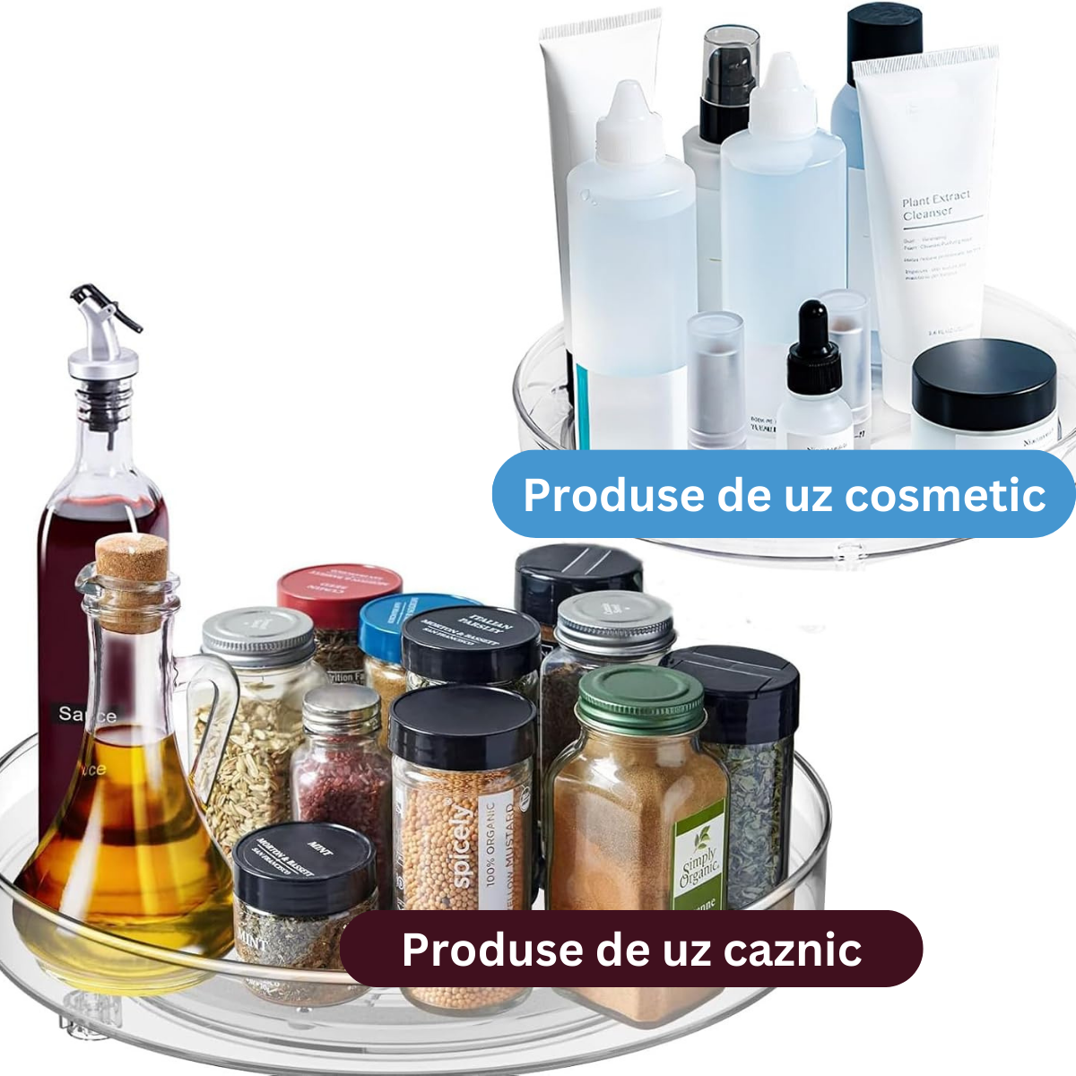 Tava rotativa 360°, Transparenta, Pentru dulap, frigider, blat de bucatarie, baie, Din plastic intarit, 23.5cm