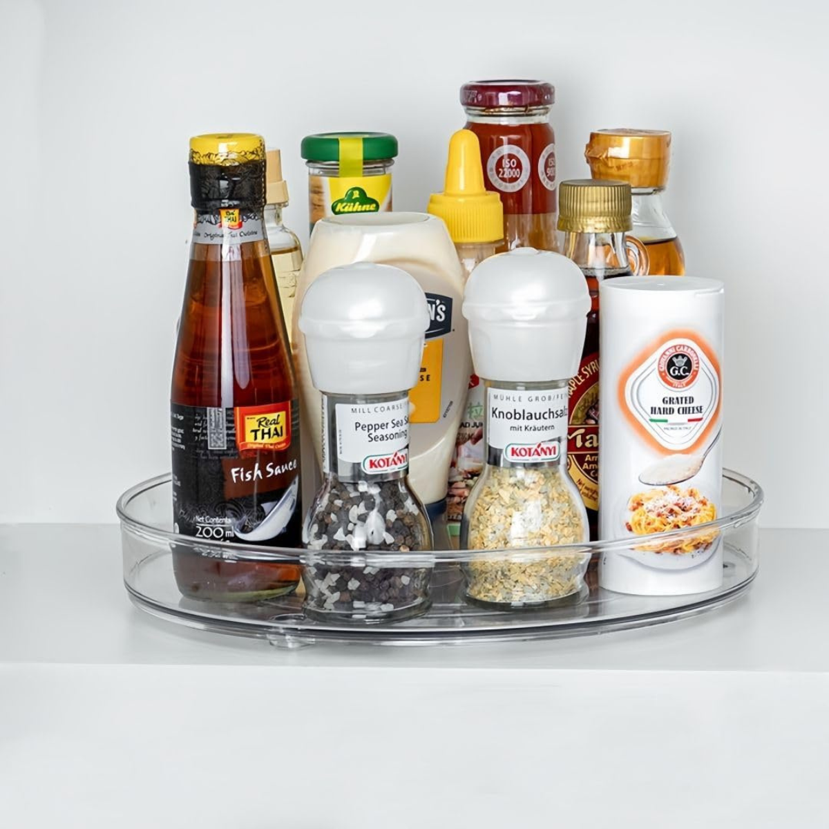 Tava rotativa 360°, Transparenta, Pentru dulap, frigider, blat de bucatarie, baie, Din plastic intarit, 23.5cm