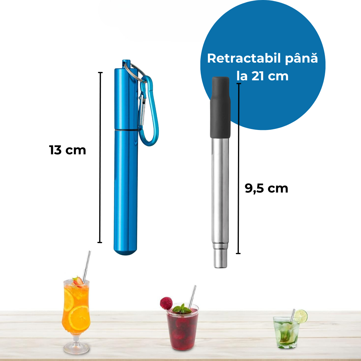 Pai telescopic cu carcasa, Din otel inoxidabil, Cu clips si capac din silicon, Transportabil, 11x2, 5x25cm