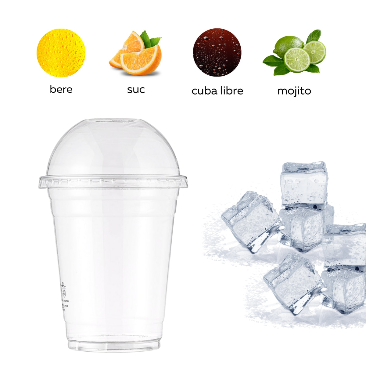 Set 10 pahare din plastic mari, cu capac, 360ml, transparente