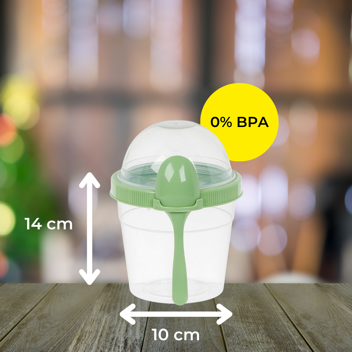 Recipient din plastic cu tacamuri, Fara BPA, Pentru iaurt, inghetata, salate, cereale, 500 ml, Verde Pastel