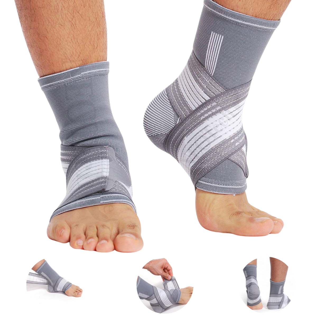 Glezniera ajustabila, Cu bandaj elastic tip soseta, Manson de compresie si banda ajustabila cu velcro, marime universala, Unisex, Gri/Alb